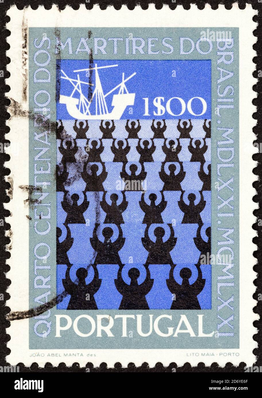 PORTUGAL - CIRCA 1971: A stamp printed in Portugal issued for the 400th anniversary of Martyrdom of Brazil Missionaries shows drowning Missionaries. Stock Photo