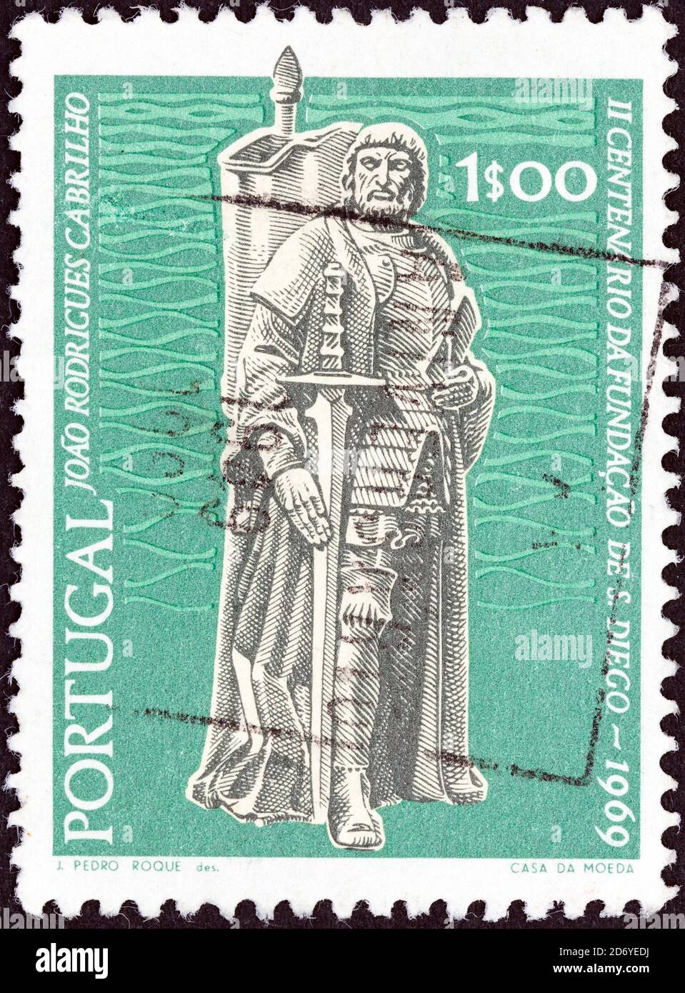 PORTUGAL - CIRCA 1969: A stamp printed in Portugal shows navigator and colonizer Juan Rodriguez Cabrillo, circa 1969. Stock Photo
