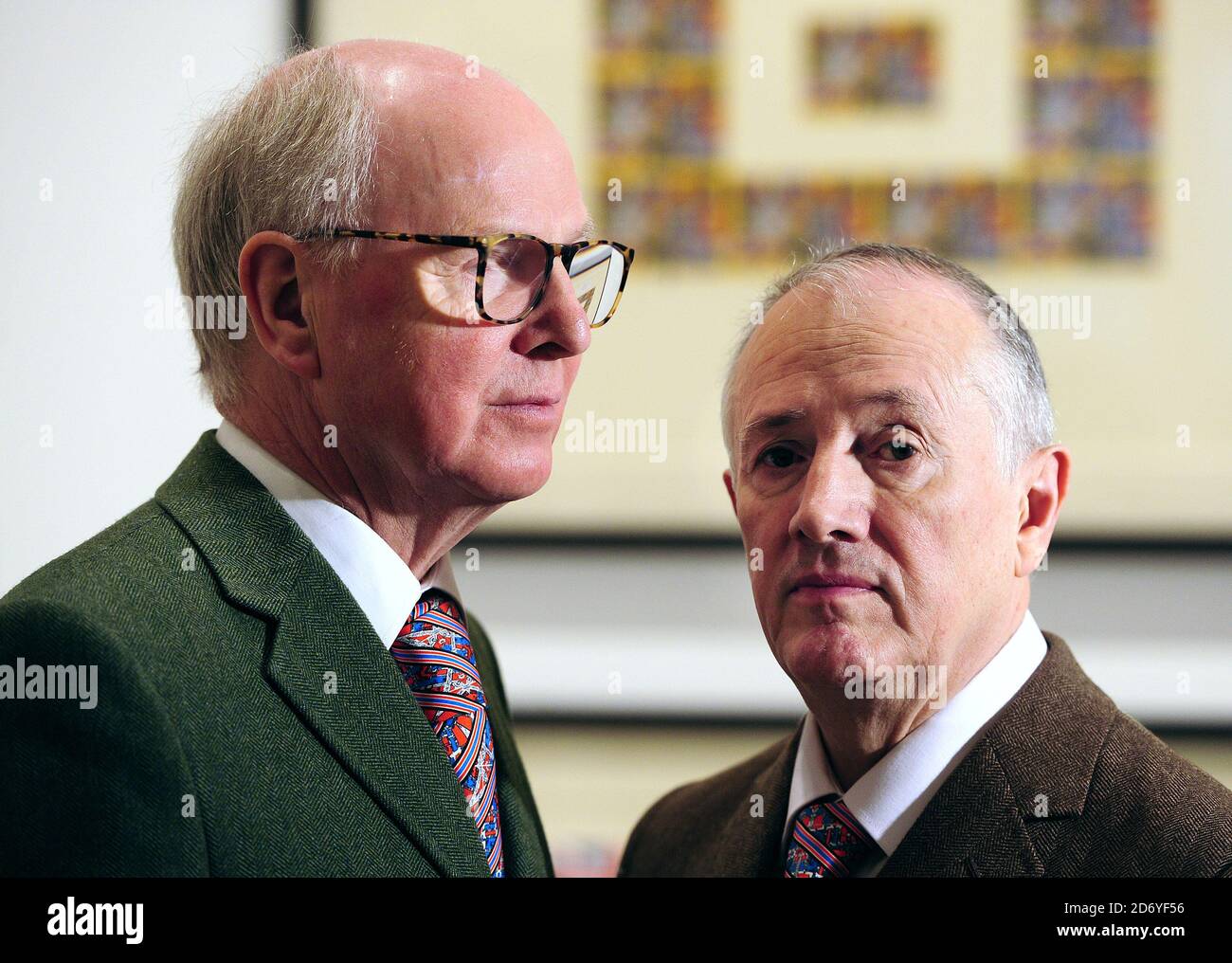 Artists George Passmore (l) and Gilbert Proesch (r) pictured at the press view of their latest exhibition, The Urethra Postcard Art of Gilbert and George, at the White Cube gallery in central London.  Stock Photo