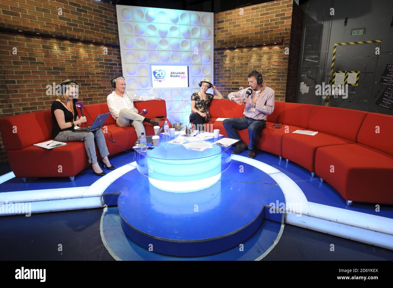Maggie Doyle, Jim White, Helen Chamberlain and Russ Williams pictured  during a live broadcast by Absolute Radio from the Soccer AM studio, at the  Sky studios in west London, to mark the