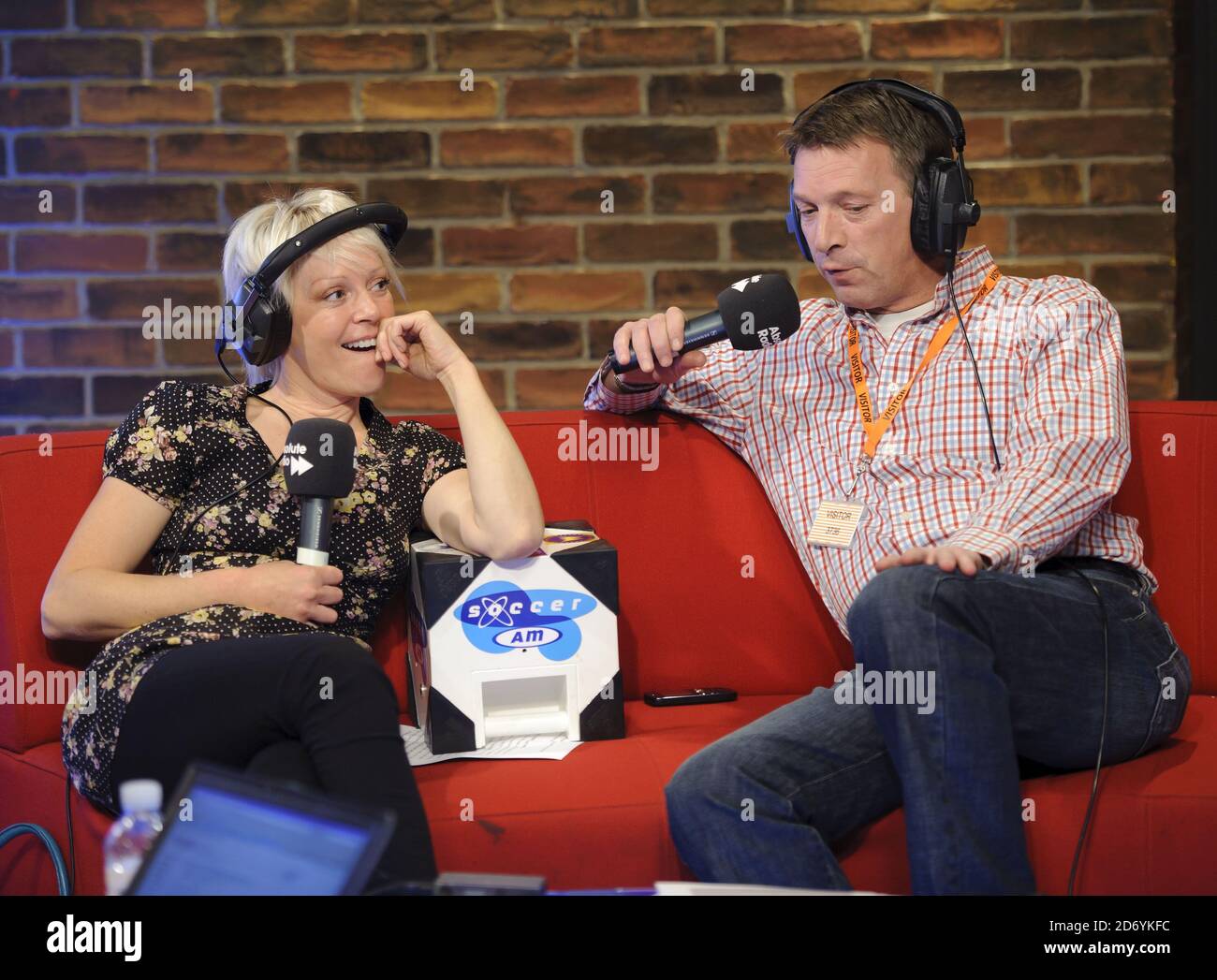 Helen Chamberlain and Russ Williams pictured during a live broadcast by  Absolute Radio from the Soccer AM studio, at the Sky studios in west  London, to mark the 20th anniversary of Sky