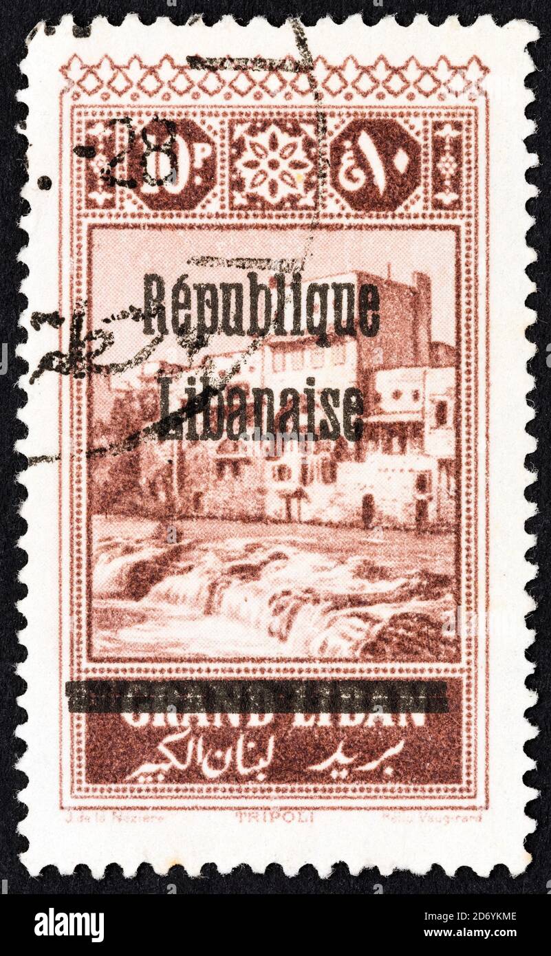 LEBANON - CIRCA 1927: A stamp printed in Lebanon shows Tripoli, circa 1927. Stock Photo