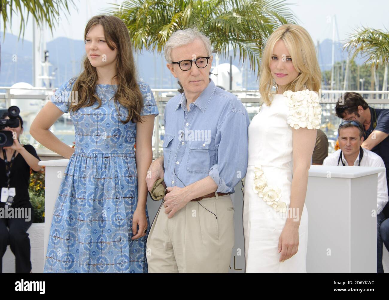 Lea Seydoux, Woody Allen and Rachel McAdams pictured at a photocall for Midnight in Paris, at the Cannes Film Festival in France. Stock Photo