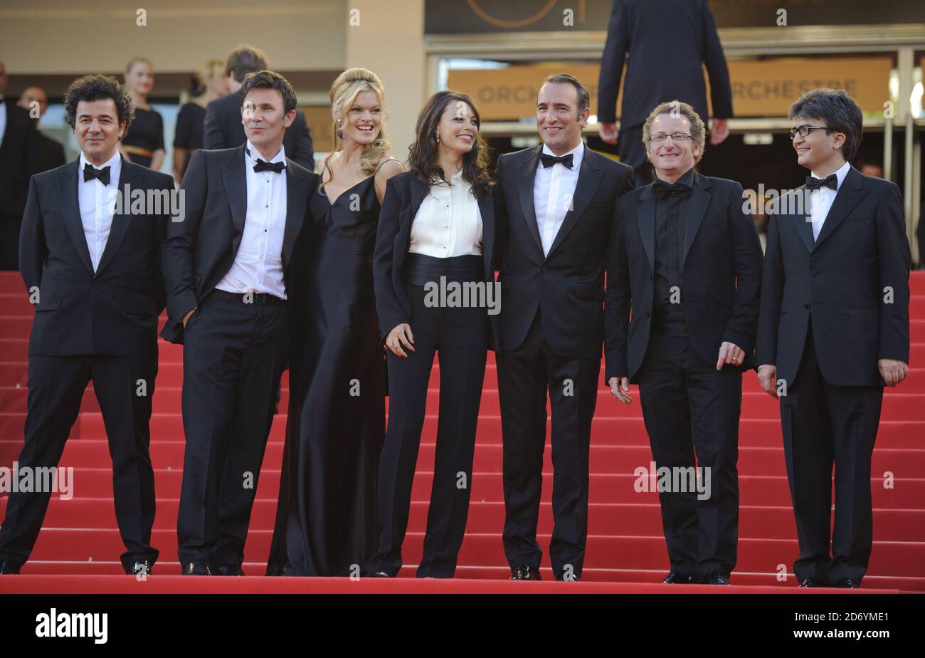 Ludovic Bource, Michel Hazanavicius, Berenice Bejo, Missy Pyle, Jean Dujardin, Guillaume Schiffman and Thomas Langmann arriving at the premiere of The Artist, during the 64th Cannes International Film Festival, at the Palais des Festivales in Cannes, France. Stock Photo