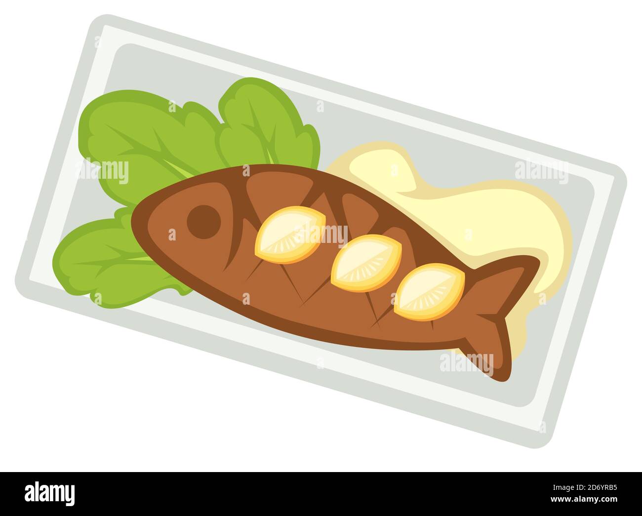 Seafood in restaurant fried or baked fish on plate Stock Vector