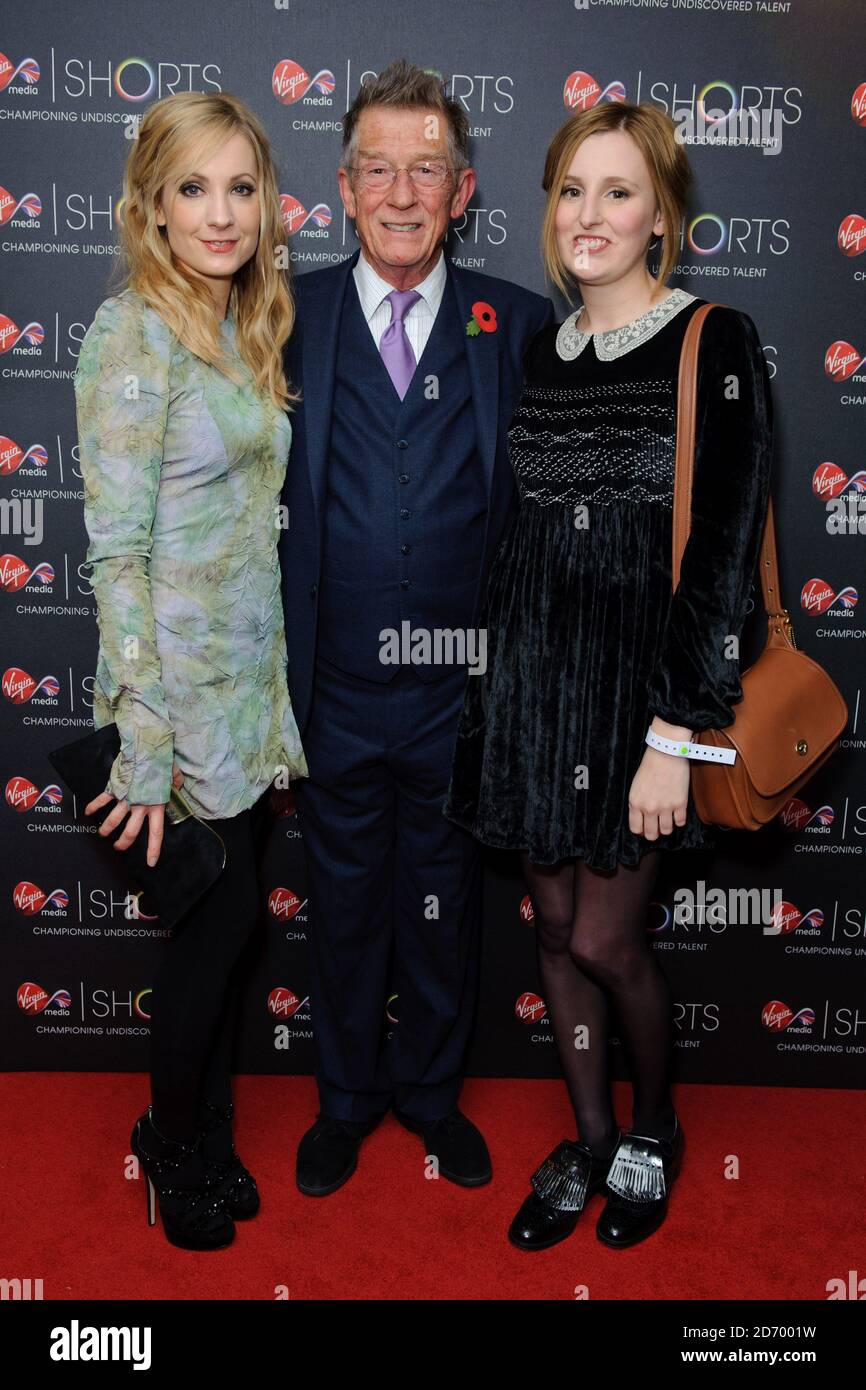 John Hurt Pictured With Joanna Froggatt And Laura Carmichael At The Virgin Media Shorts Awards Ceremony At The Bfi South Bank In Central London The Winner Of The Competition Receives A A 30 000