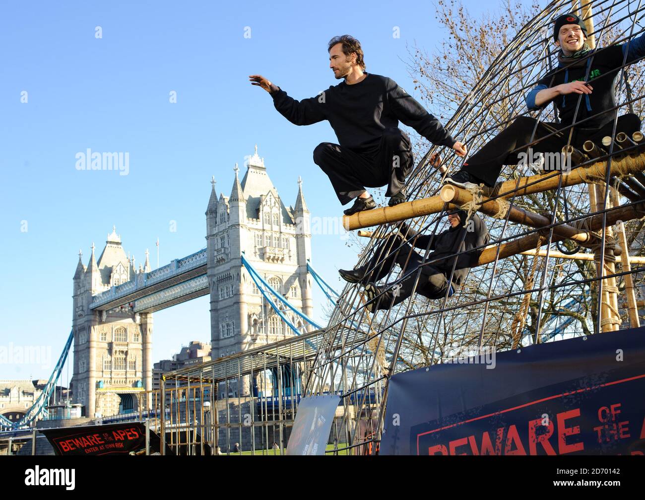 Free runner Erwan Le Corre (top) and members of Parkour Generations  pictured on an 'Ape Playground', at Potters Fields in central London, to  promote the launch of Rise of Planet of the
