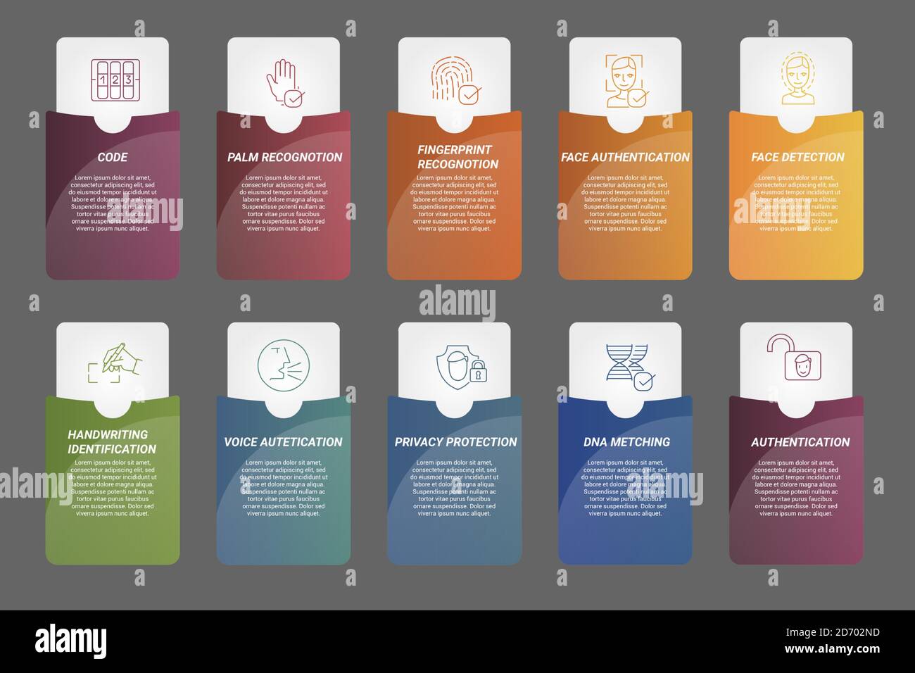 Infographic Authentication template. Icons in different colors. Include ...