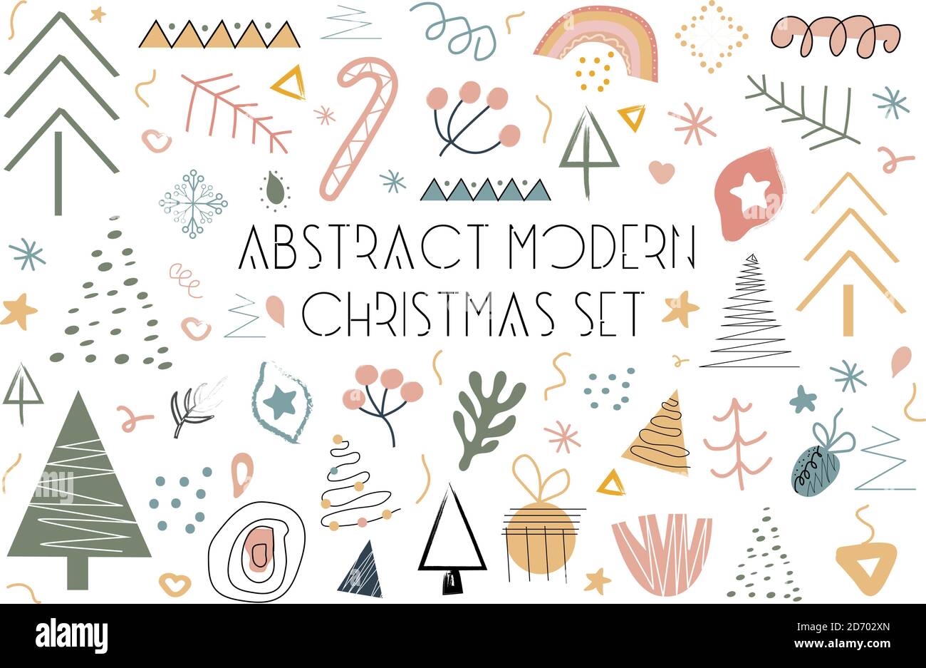Modern abstract hand drawing Christmas doodles set, Trendy contemporary clip art Stock Vector