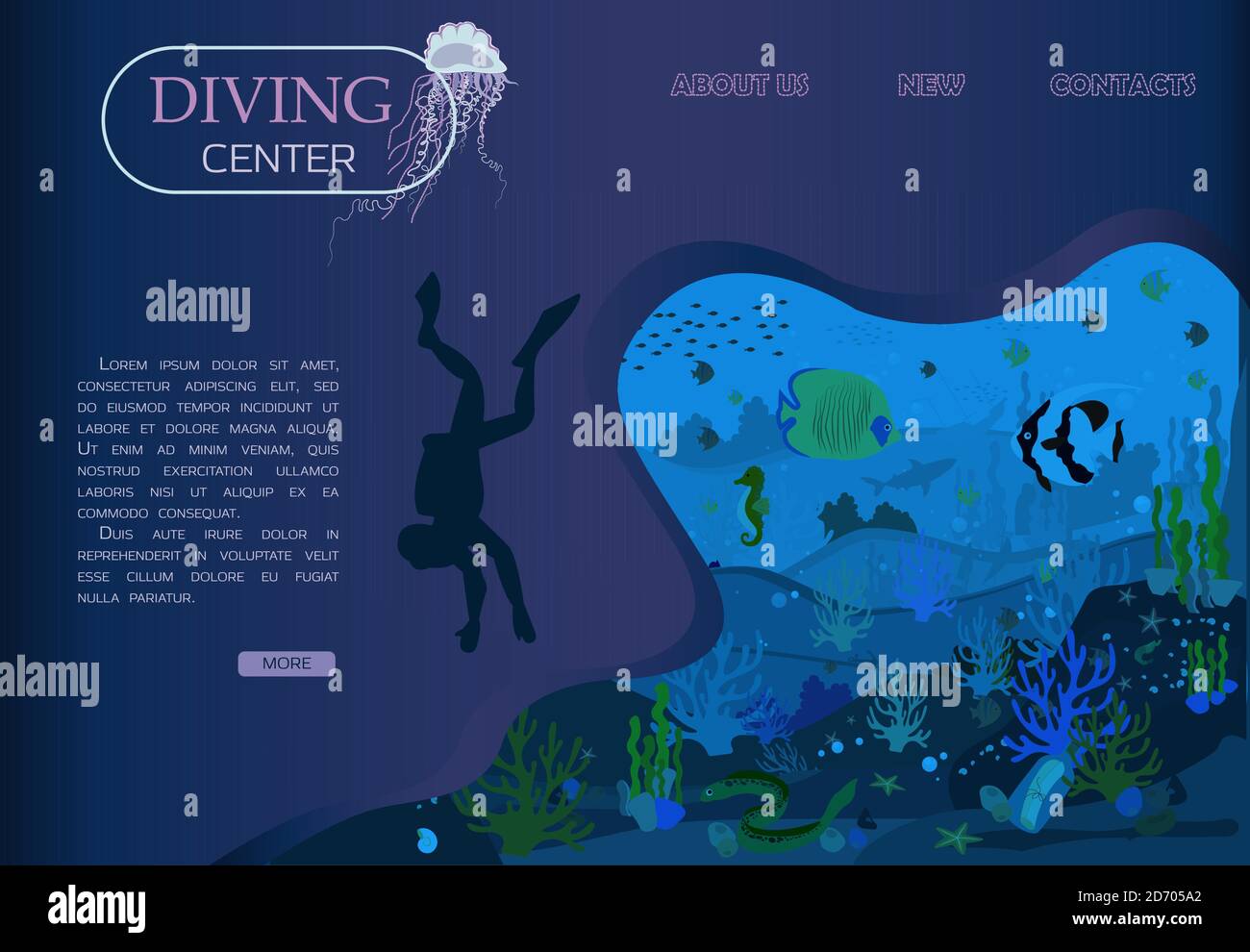 Scuba diving, deep diving and marine life in a flat design. Vector underwater seascape, ocean wildlife reef, exotic fish, scuba diver, portuguese boat-. Home page for the diving center, for the smartphone app. Poster for banners and ads. Graphic design. Stock Vector