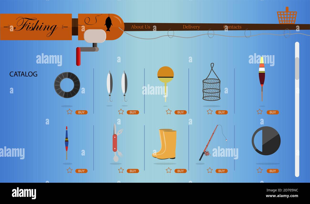 an online store for fishing and fishing equipment. Flat illustration of the  site with products and their delivery to the buyer s home. A smartphone app  or website selling everything for fishing.