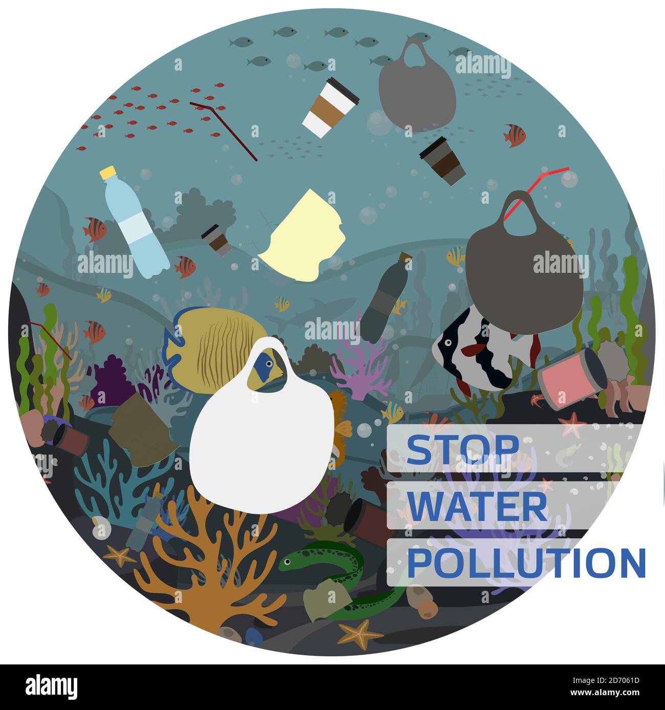 Flat vector illustration for protecting water and the environment from pollution. A picture of the underwater world with corals, fish, Moray eels, algae, polluted with garbage, plastic and waste. Poster for a call to recycle garbage and clean up the world s oceans. Stock Vector