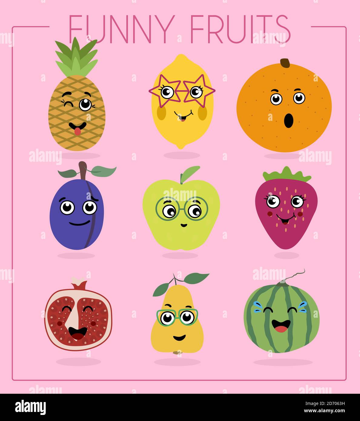 I love vegetables. Funny cartoon character. Vector illustration. A set of  flat vegetables and fruits with cartoon faces. Funny characters from food.  Different emotions laughter, embarrassment, surprise on watermelon, pear,  pepper, pumpkin,