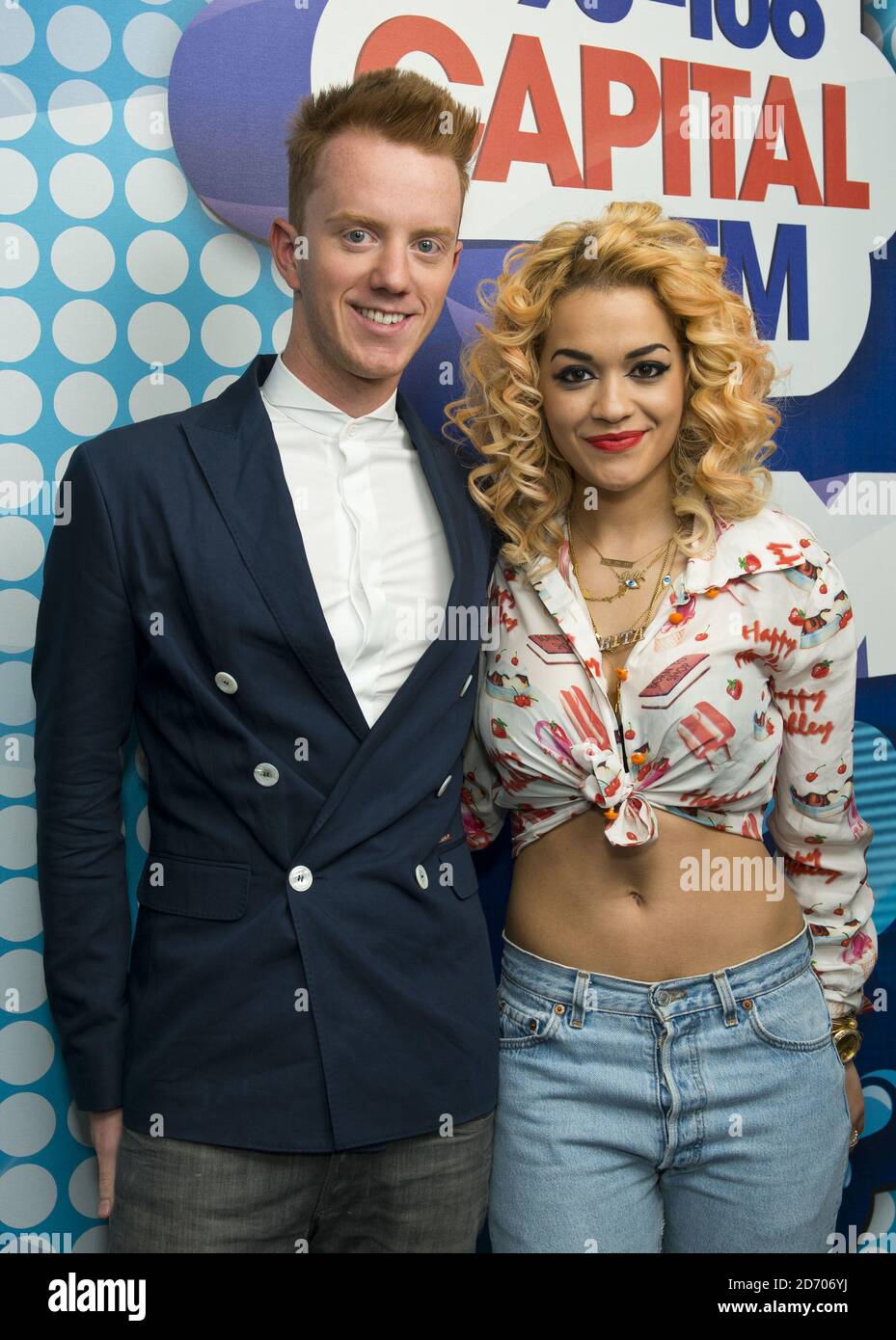 Presenter James Barr and Rita Ora backstage at Capital FM's Summertime