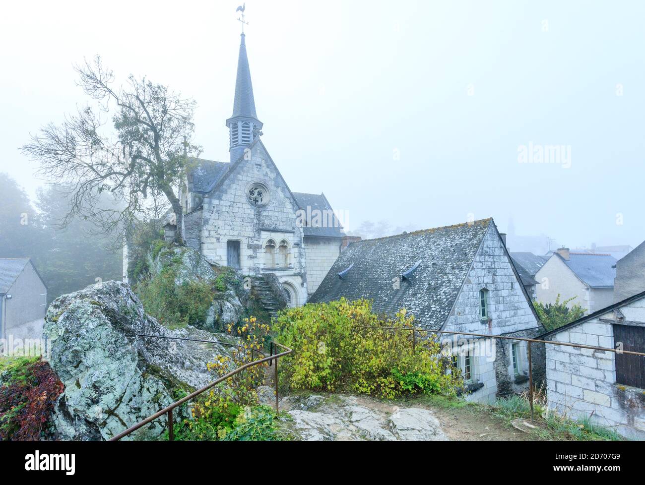 France, Maine et Loire, Loire Valley listed as World Heritage by UNESCO, Ile de Behuard, Behuard, Notre Dame church built on a rock, place of pilgrima Stock Photo