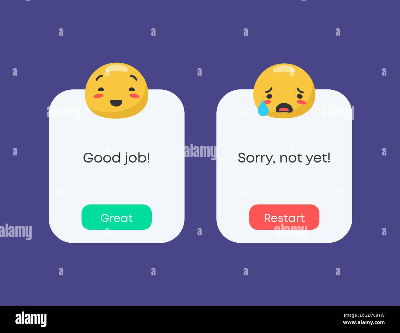Excellent and restarting template. Game passage of level with joyful smile good job and crying sorry not yet. Stock Vector