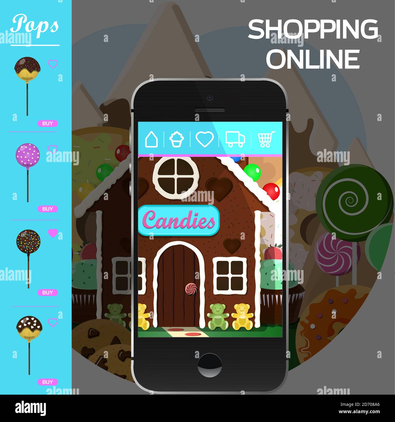 online application for a sweet shop and bakery. Gingerbread house as a store of sweets, cakes, cakes and donuts with fast home delivery. ordering via a smartphone, tablet, or website. Vector illustration for advertising Stock Vector