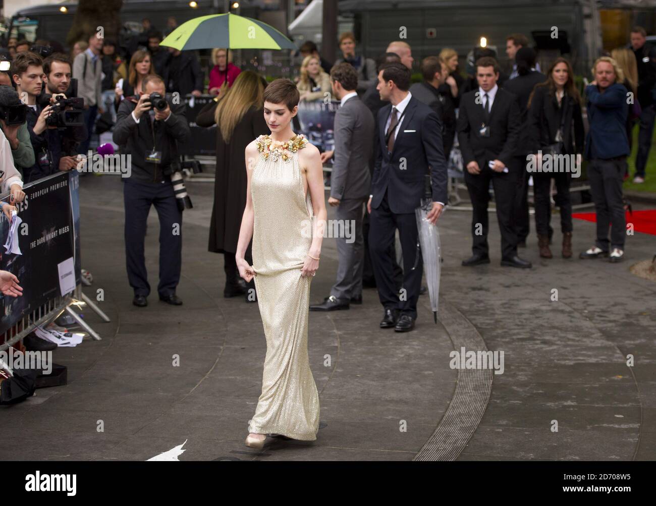 Anne Hathaway arriving at the premiere of The Dark Knight Rises, at the ...