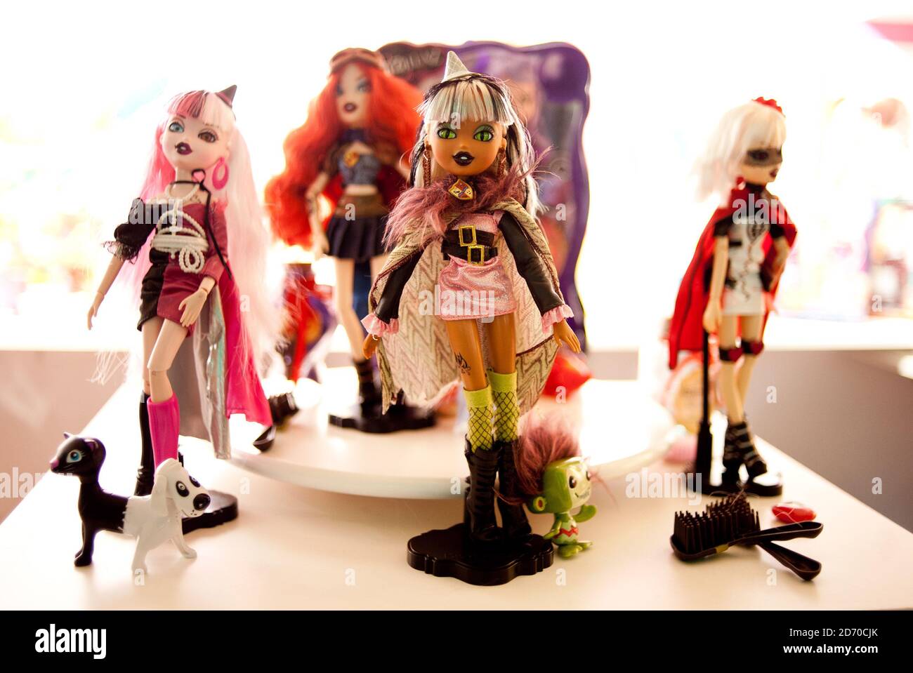 Bratz Monster High dolls on display at Dream Toys, an exhibition of the year's top toys at St Mary's Church in Marylebone, London. Stock Photo