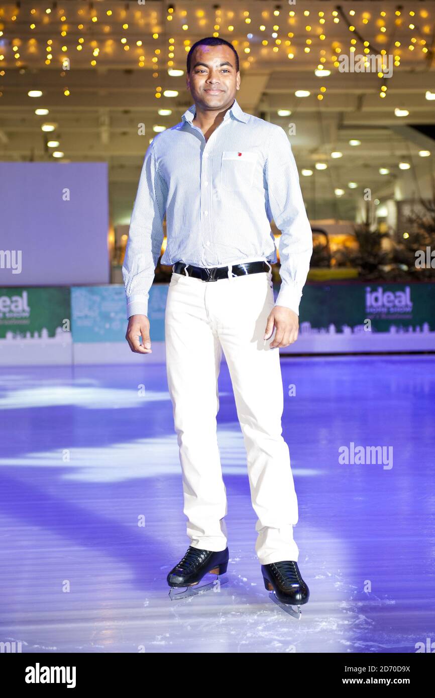 Johnson Beharry on the ice rink at the Ideal Home Show at Christmas, in Earl's Court, London. Stock Photo