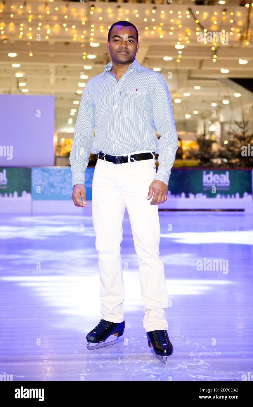 Johnson Beharry on the ice rink at the Ideal Home Show at Christmas, in Earl's Court, London. Stock Photo