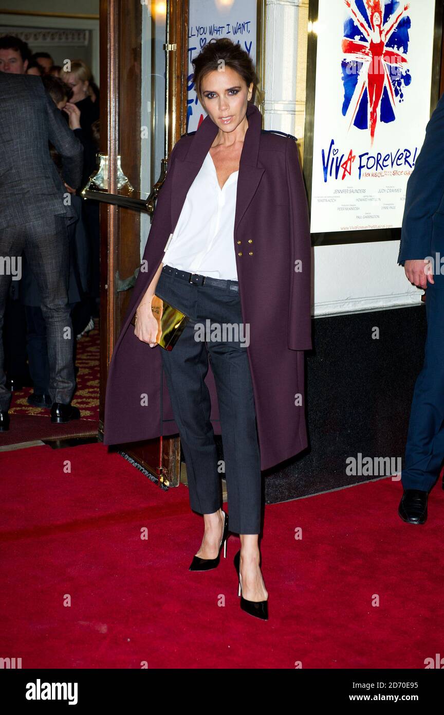 Victoria Beckham arriving at the press night of Viva Forever!, a new musical based on the songs of the Spice Girls. Stock Photo