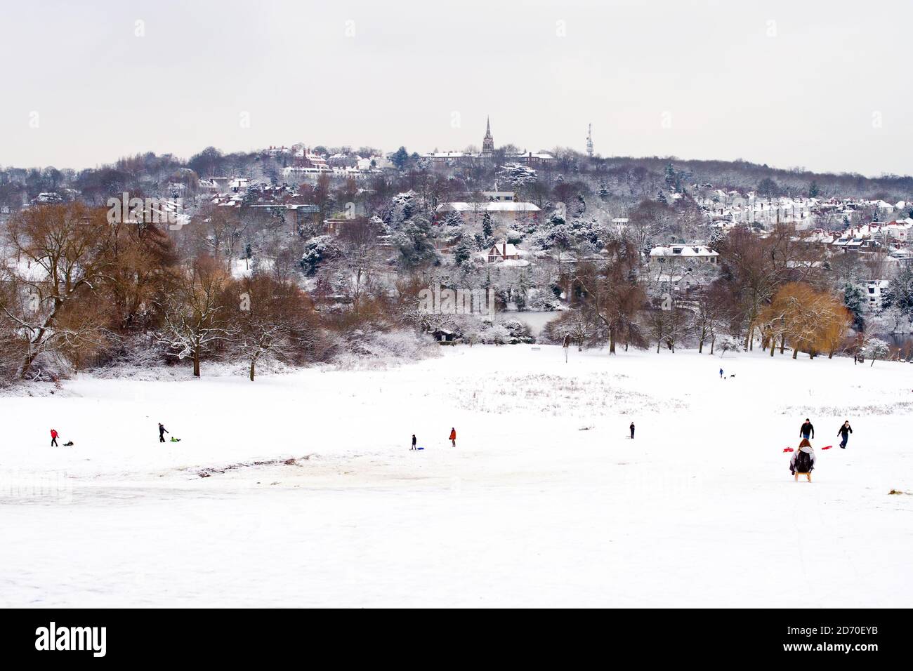 A general view of Hampstead Heath, North London, in the snow. Stock Photo