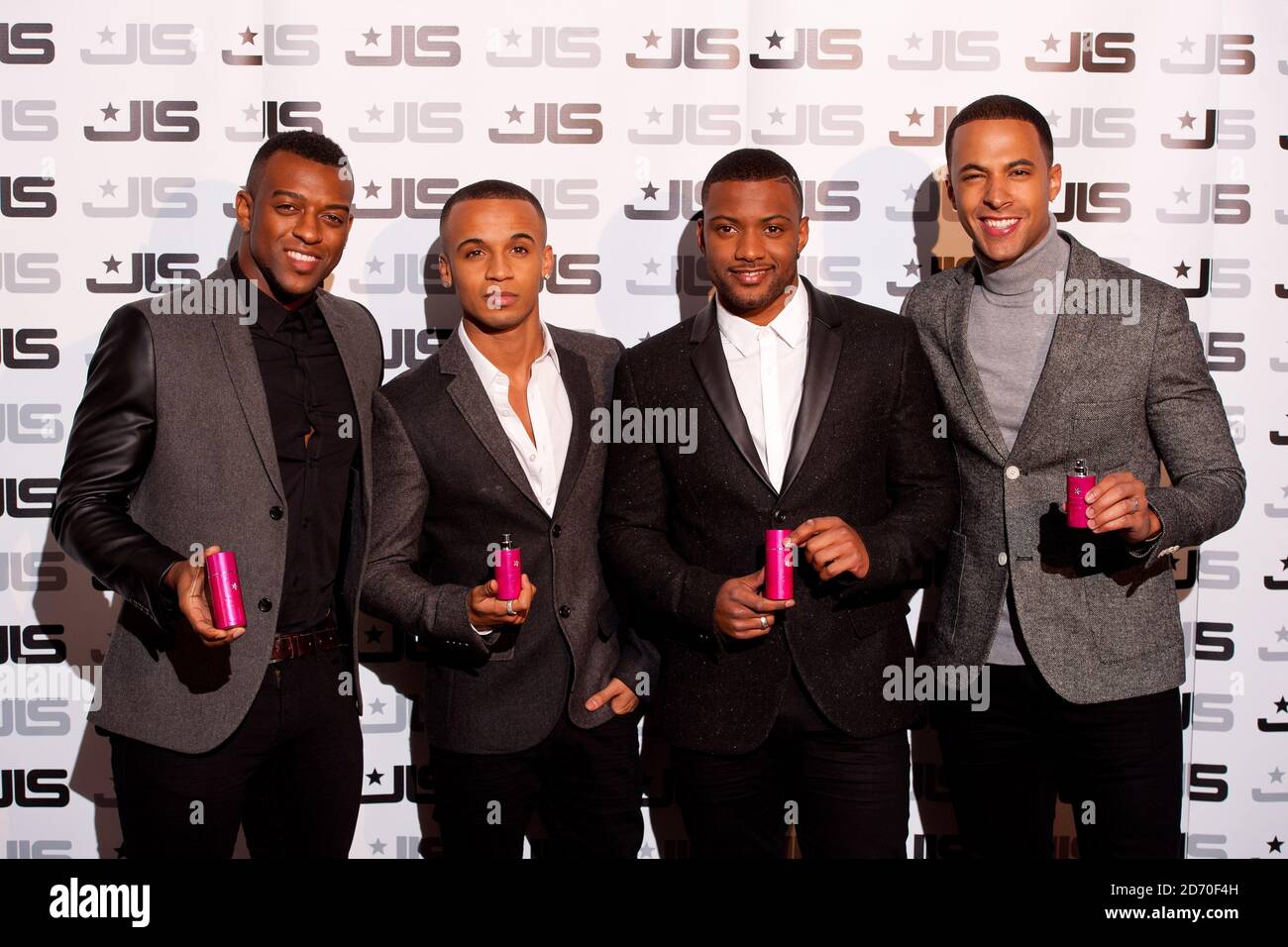 (Left to right) Oritse Williams, Aston Merrygold, J B Gill and Marvin Humes of JLS, pictured at the launch of their new fragrance, JLS Love, at One Mayfair in Central London. Stock Photo