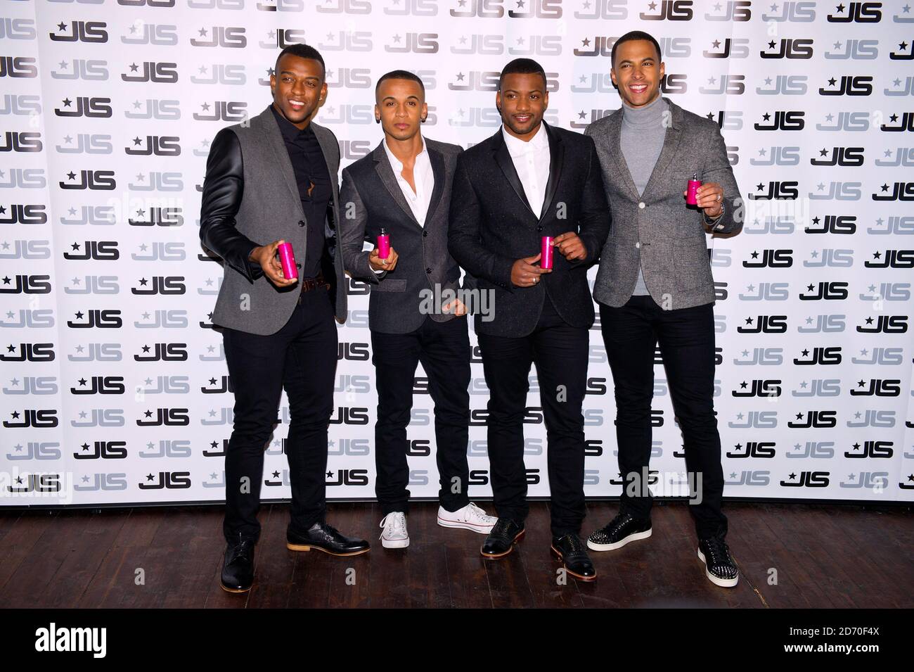 (Left to right) Oritse Williams, Aston Merrygold, J B Gill and Marvin Humes of JLS, pictured at the launch of their new fragrance, JLS Love, at One Mayfair in Central London. Stock Photo