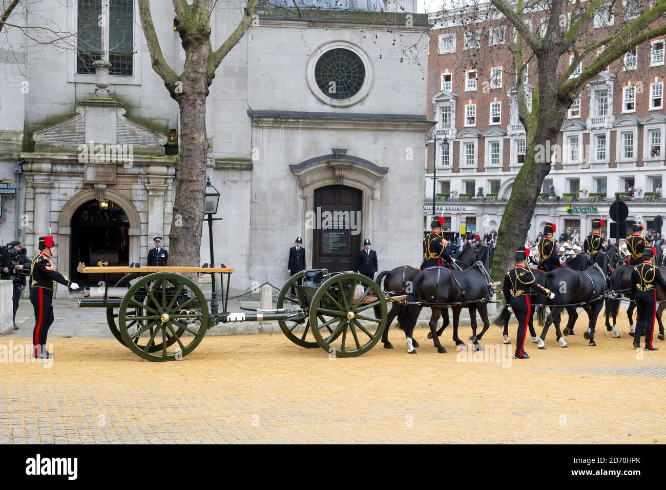 The gun carriage arrives at St Clement Danes church, in preparation for Baroness Thatcher's funeral procession. Stock Photo