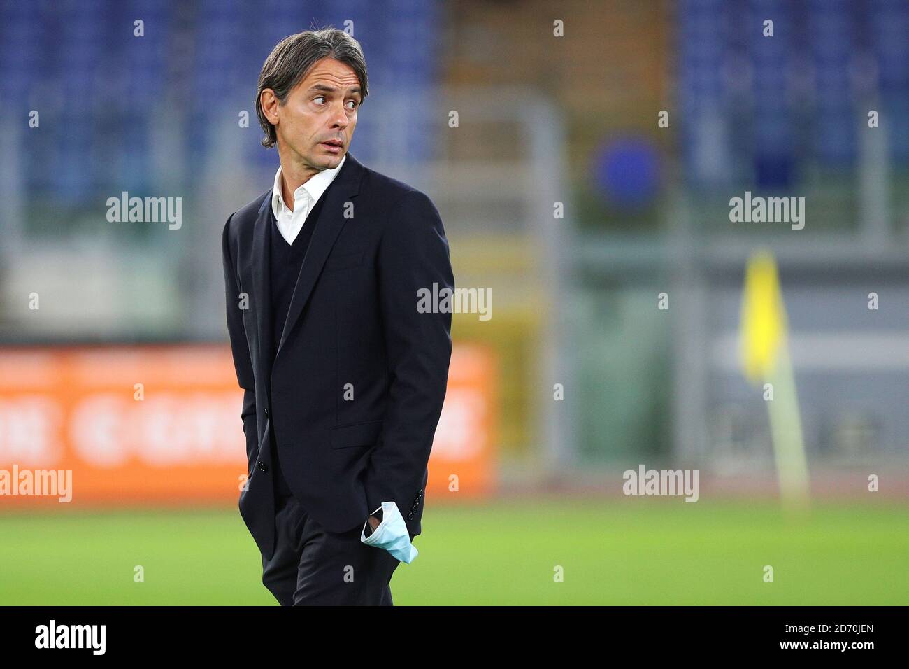 enevento head coach Filippo Inzaghi reacts during the Italian championship Serie A football match between AS Roma and Benevento Calcio on October 18, Stock Photo