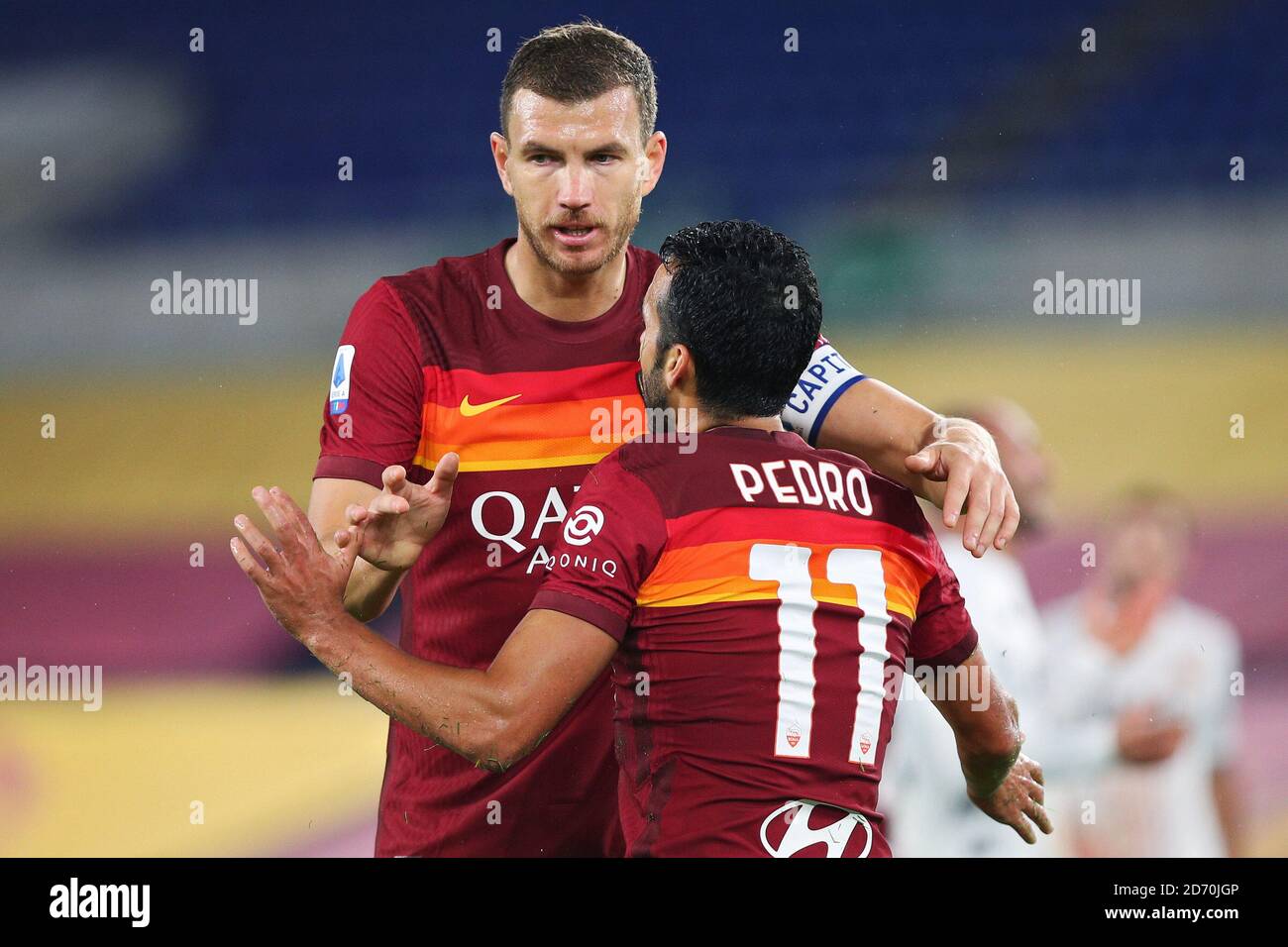 din Dzeko (R) and Pedro Rodriguez congratulate each other during the Italian championship Serie A football match between AS Roma and Benevento Calcio Stock Photo