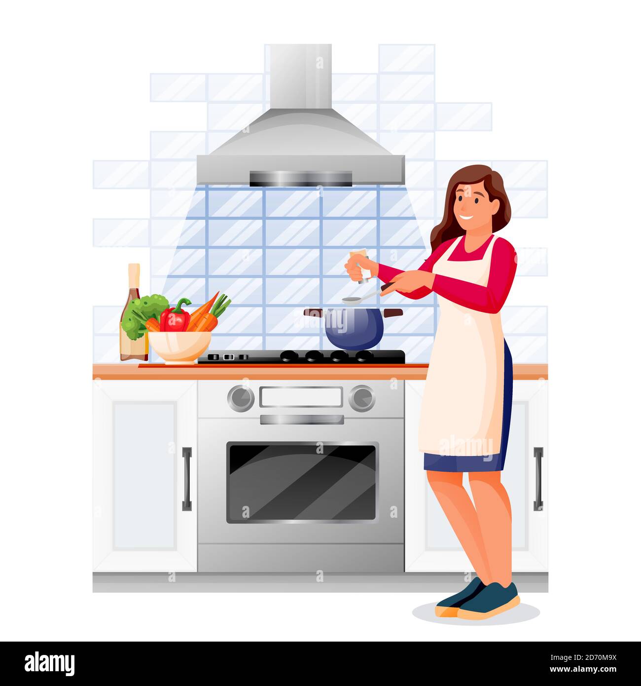 Happy woman cooking vegetable soup in kitchen. Young girl in apron makes healthy lunch or dinner. Vector characters illustration. Home meal recipes, l Stock Vector