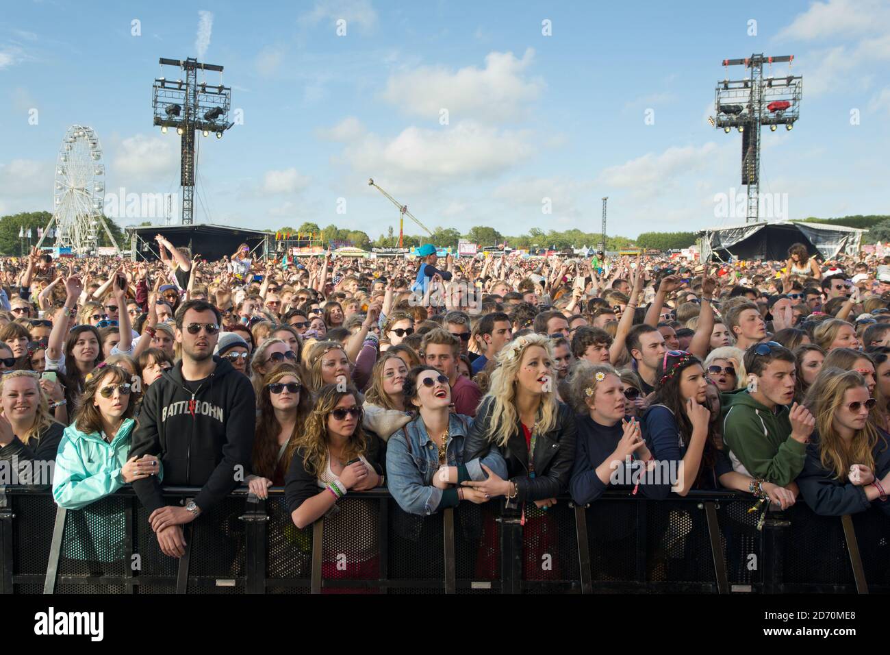 The crowd at the main stage during the Isle of Wight Festival, in Seaclose Park, Newport, Isle of Wight. Stock Photo