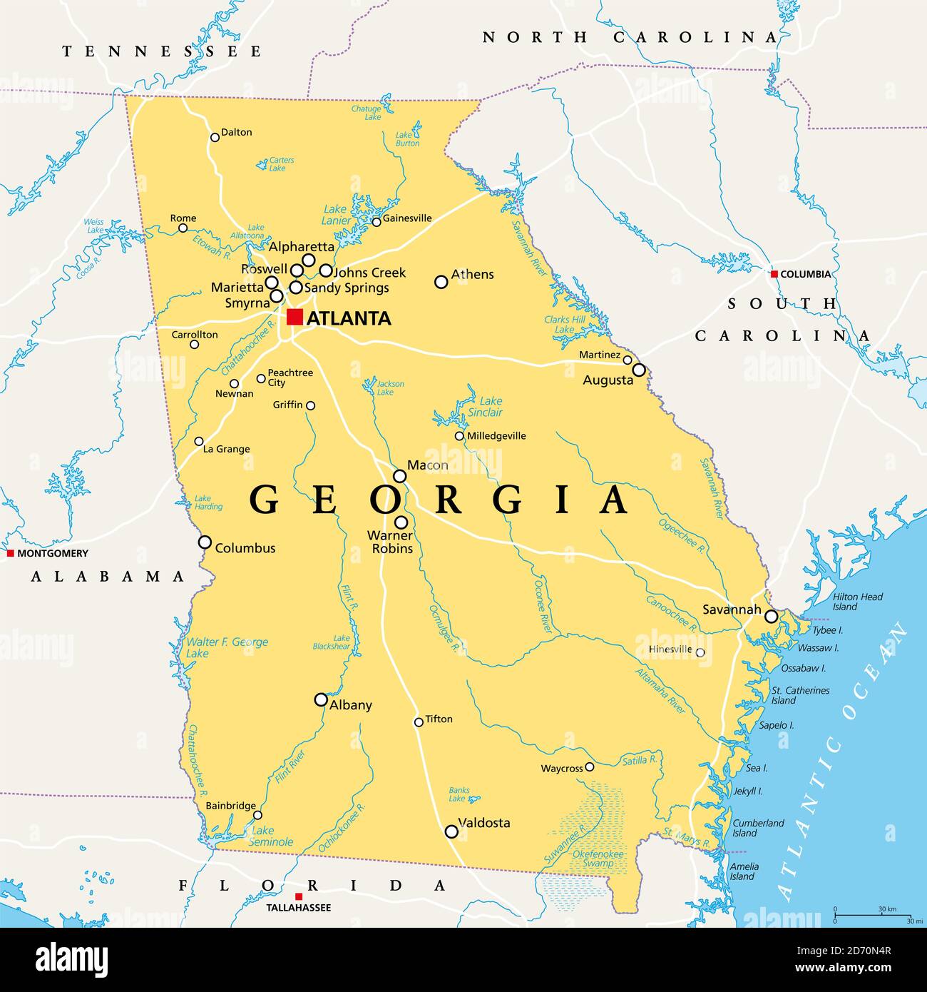 Georgia, GA, political map, with capital Atlanta and largest cities. State in the southeastern 