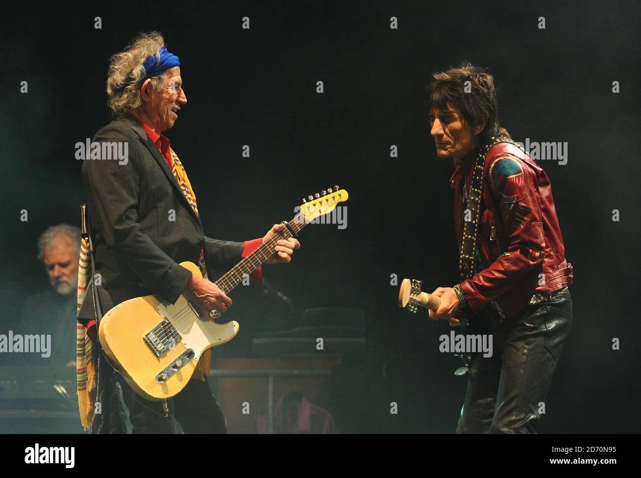 Keith Richards and Ronnie Wood of the Rolling Stones performing at the Glastonbury Festival, at Worthy Farm in Somerset. Stock Photo