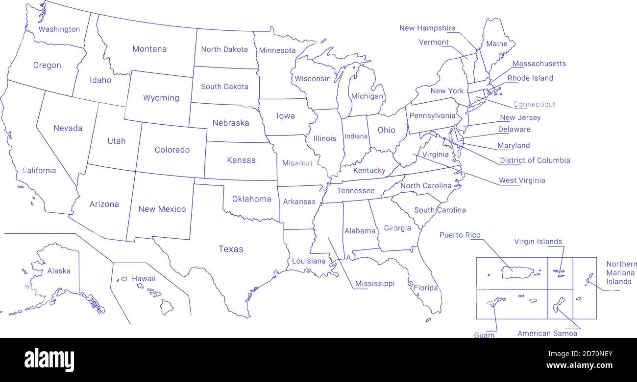 Outline Political US Map with titles of the states. All USA regions are separated and named in a layer panel Stock Vector
