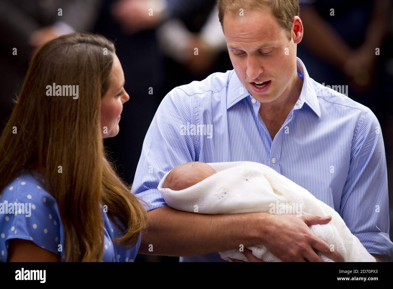 The Duchess of Cambridge, Prince William and their newborn son pictured outside the Lindo Wing at St Mary's Hospital, London. Stock Photo