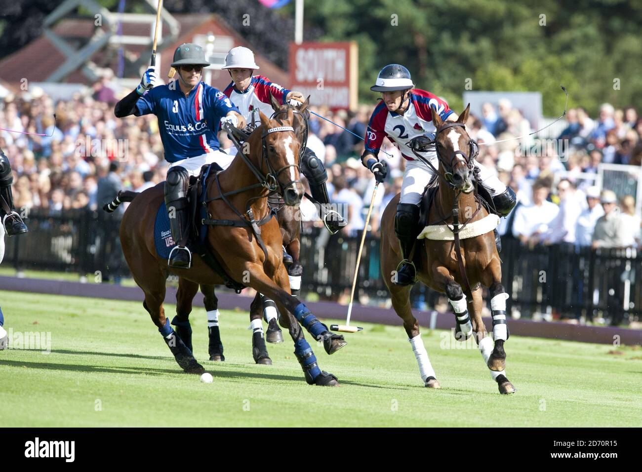 England and the USA battle it out during the Audi International Polo Westchester Cup, at Guards Polo Club in Egham, Surrey. Stock Photo