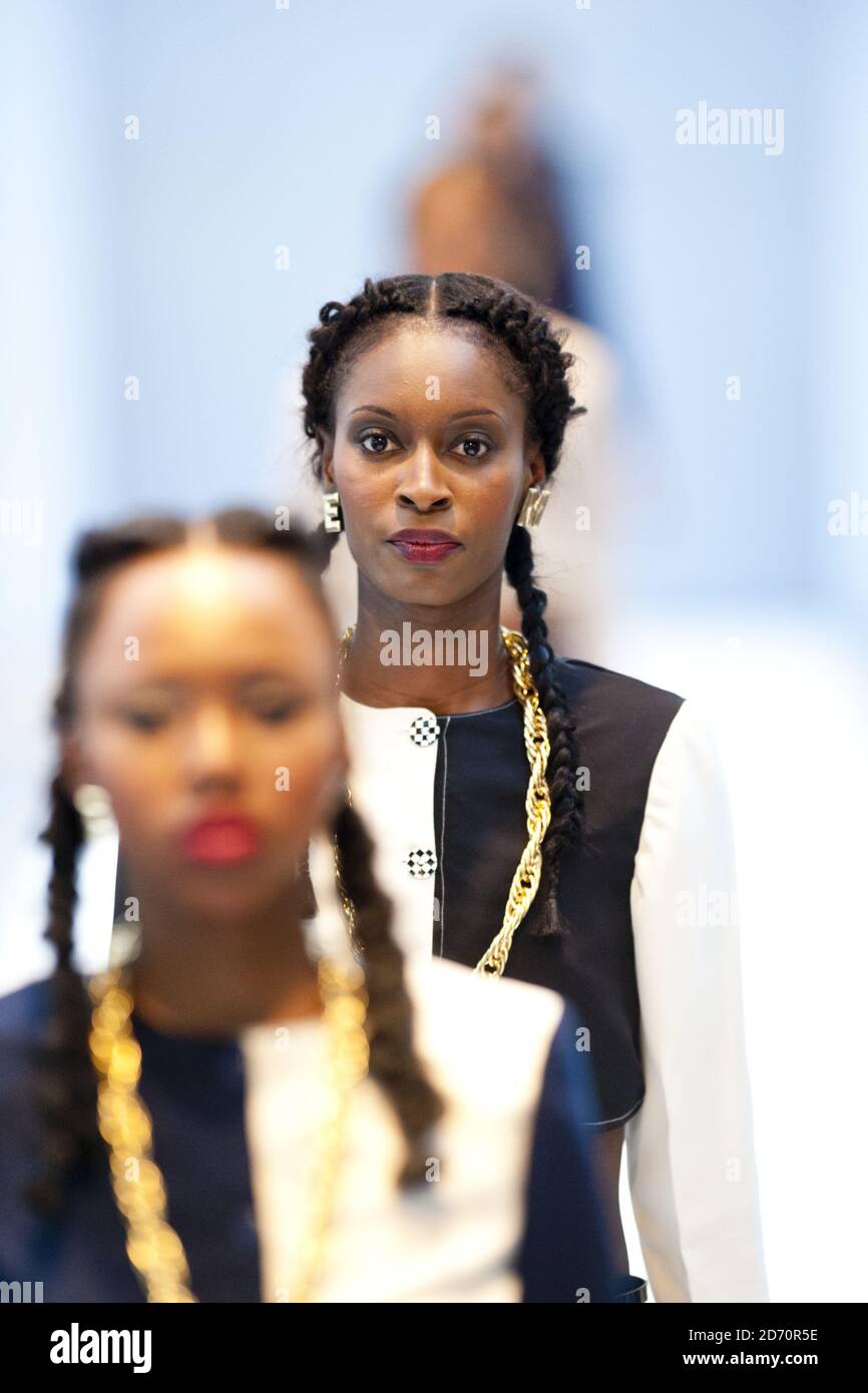 A model wears a design by Chanel Monet Fashion Week London, a 3-day event  showcasing African and African-inspired designers, at the Truman Brewery in  east London Stock Photo - Alamy
