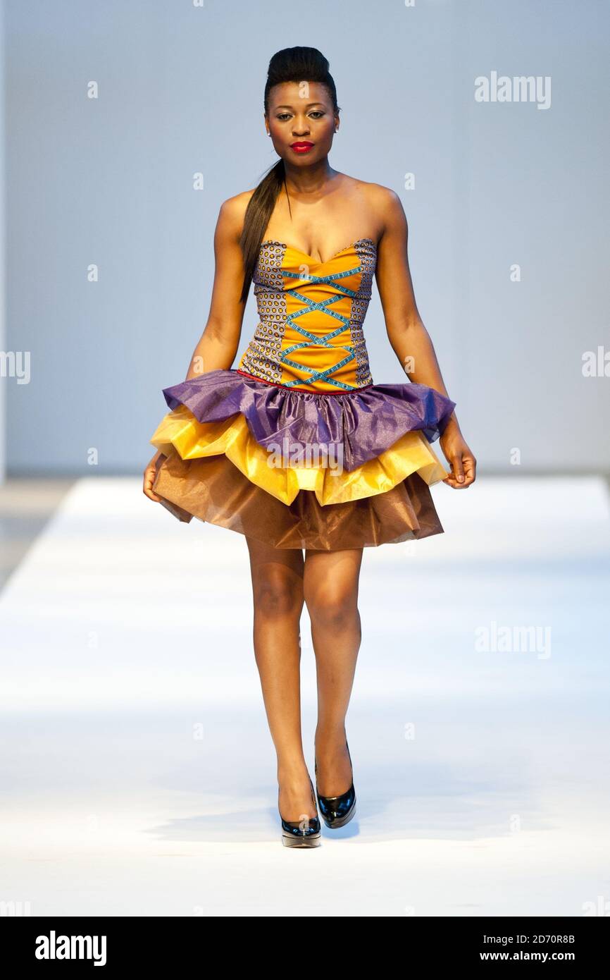 A model wears a design by Sluu by Sluvin Designs at African Fashion Week  London, a 3-day event showcasing African and African-inspired designers, at  the Truman Brewery in east London Stock Photo 
