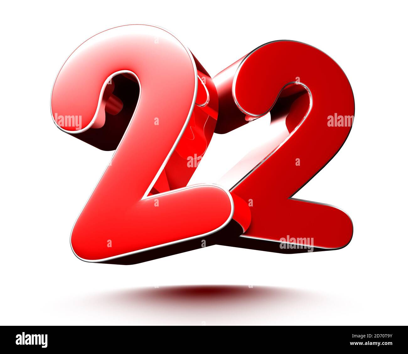 Red numbers 22 isolated on white background illustration 3D rendering ...