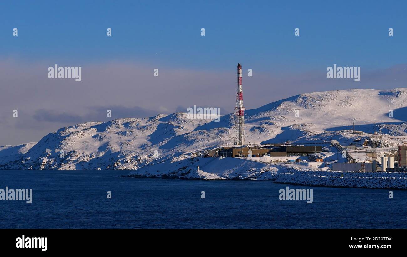 Hammerfest, Norway - 03/02/2019: High flare tower of Europe's largest liquefied natural gas (LNG) site on Melkøya island in the arctic sea. Stock Photo