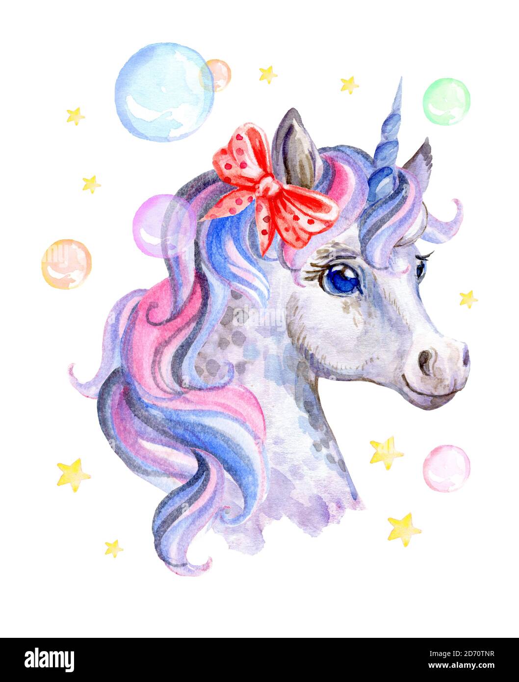 Watercolor unicorn with bow and soap bubbles Stock Photo - Alamy