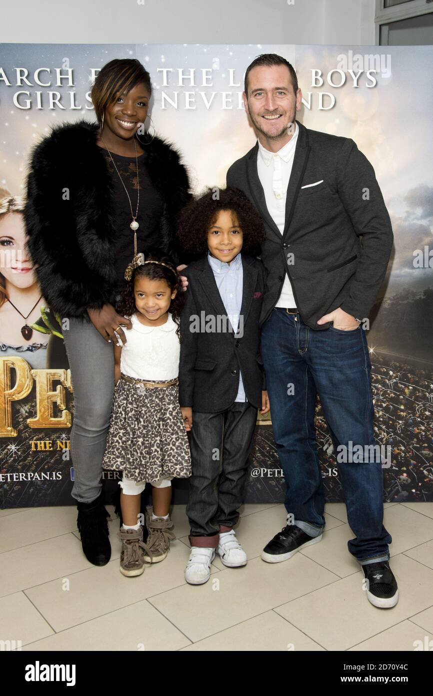 Will Mellor, Michelle McSween with their children Jayden Will and Renee attending the London VIP night for Peter Pan - the Never Ending Story, at Wembley Arena in London. Stock Photo