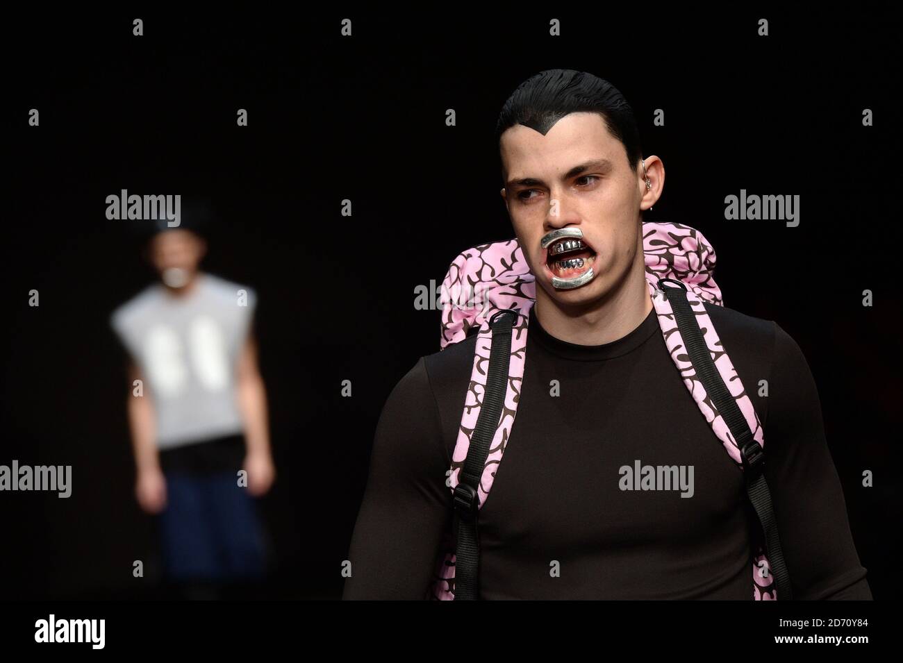 A model wears a creation by Bobby Abley at the MAN fashion show, held at the Old Sorting Office 