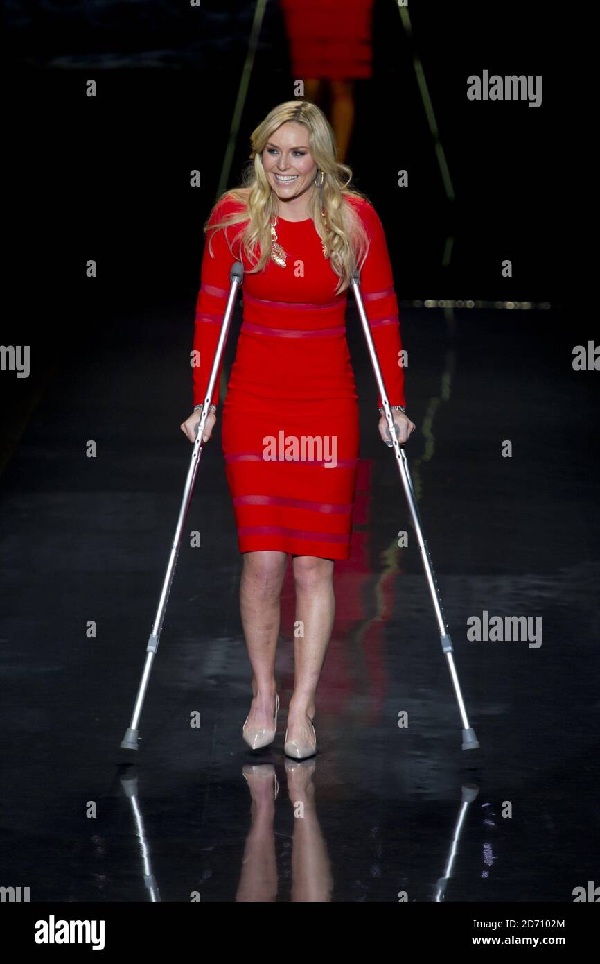 Lindsey Vonn on the catwalk at the Go Red For Women: The Heart Truth Red Dress Collection fashion show, held at the Lincoln Centre in New York, as part of Mercedes Benz New York Fashion Week F/W 2014. Stock Photo