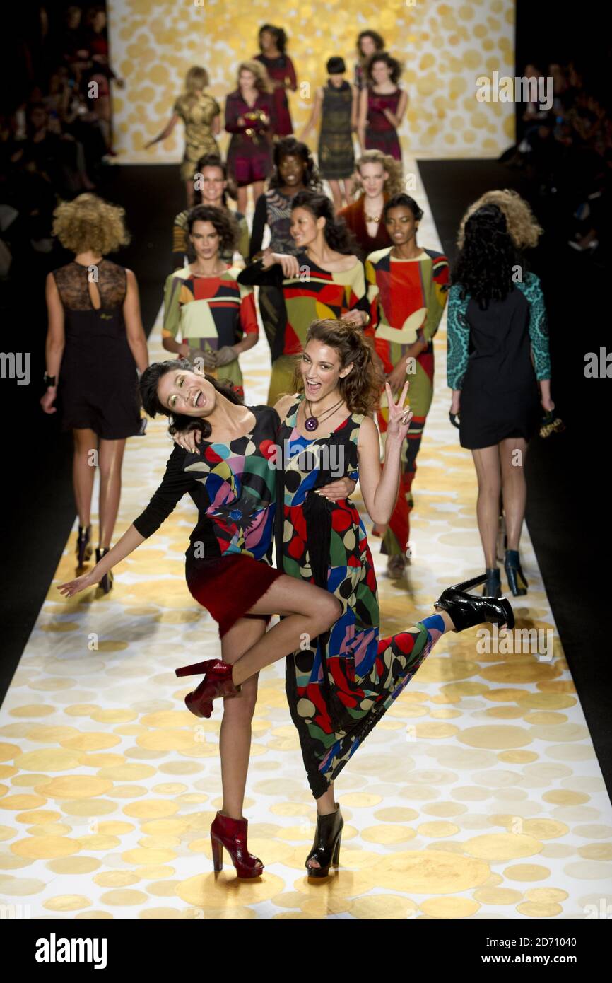 Models pose on the catwalk for the Desigual fashion show, held at the  Lincoln Centre in New York, as part of Mercedes Benz New York Fashion Week  F/W 2014 Stock Photo -