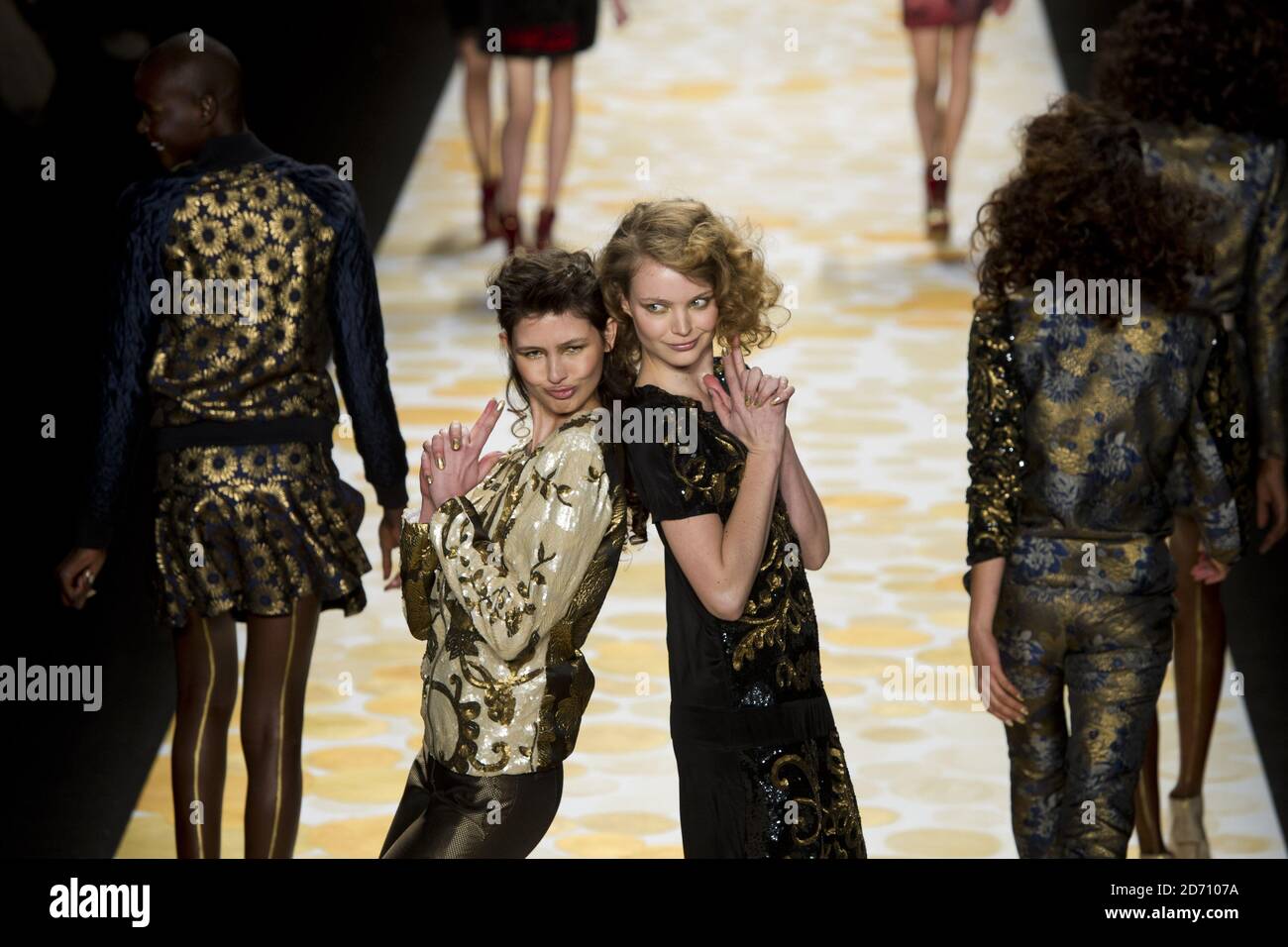 Models pose on the catwalk for the Desigual fashion show, held at the  Lincoln Centre in New York, as part of Mercedes Benz New York Fashion Week  F/W 2014 Stock Photo -