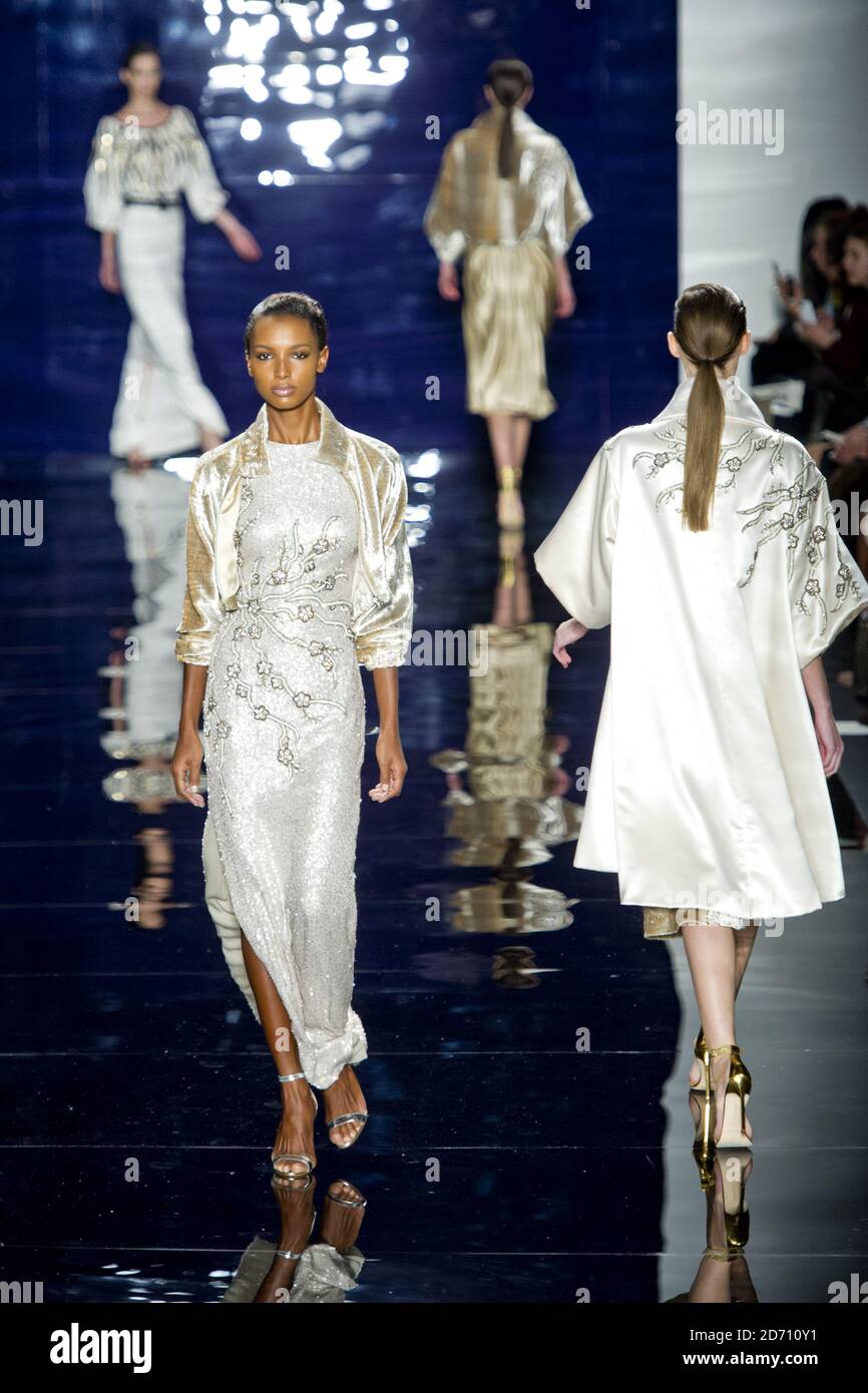 A model on the catwalk during the  Reem Acra fashion show, held at the Lincoln Centre in New York, during Mercedes Benz New York Fashion Week F/W 2014. Stock Photo